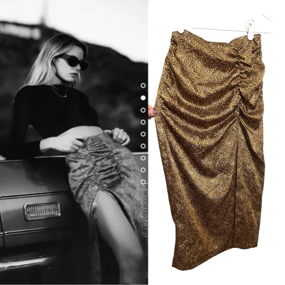 Zara brown leopard cheetah animal print thigh split ruched satin skirt small
